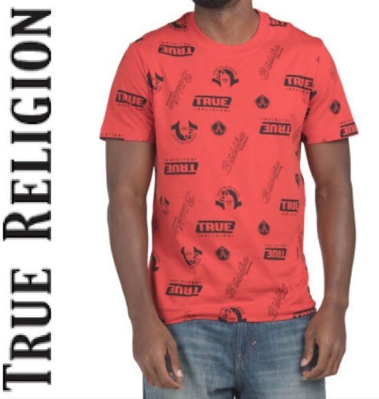 True Religion Multi Logo AOP Graphic T-Shirt- Lava - Picture 1 of 6